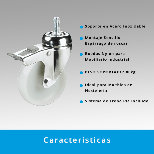 Rueda Giratoria con Freno Cargas Pesadas en Nylon | Montaje en Espárrago | Ruedas Industriales - Imagen 4