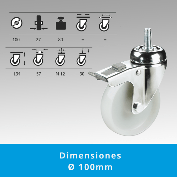 Rueda Giratoria con Freno Cargas Pesadas en Nylon | Montaje en Espárrago | Ruedas Industriales - Imagen 3