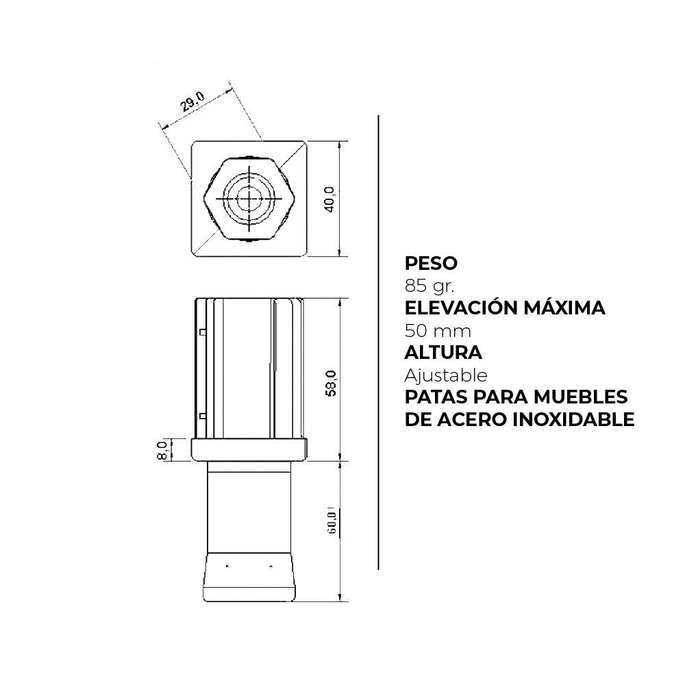 Patas regulables para mueble de hostelería 40x40 mm